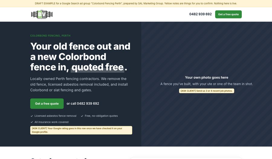 Preview of the Colorbond Fencing Perth landing page